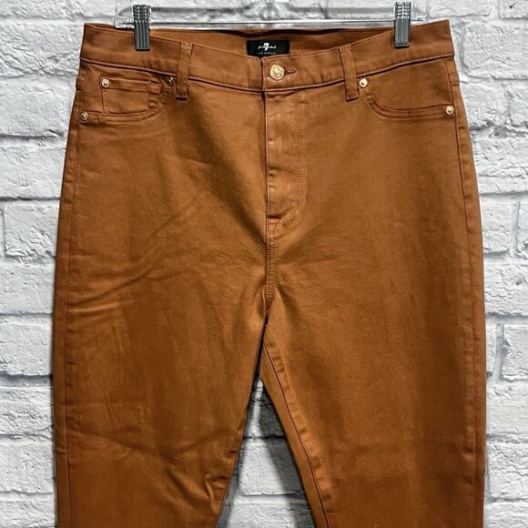 7‎ For All Mankind Women Brown Coated Faux Leather Ankle Skinny Jean Size 32X27 - Picture 1 of 14